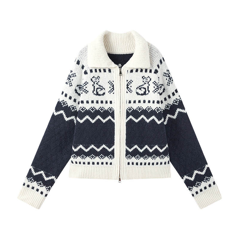 XIANGYING Knitwear Women's Navy Blue Lapel Moderate Cardigan