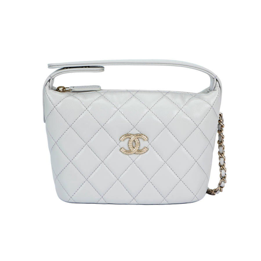 CHANEL Grain Cow Leather Material Gold Metal Lunch Bag, Shoulder Bag, Crossbody Bag, Handbag Women's Light Gray