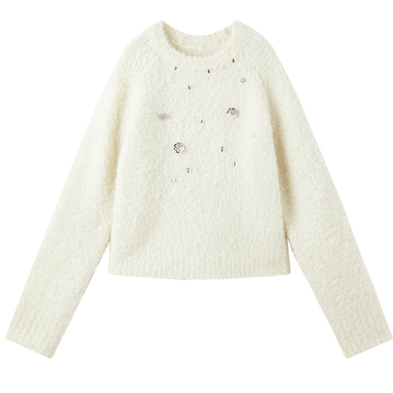 XIANGYING Sweaters Women's Heron White Crew Neck Thickened Irregular
