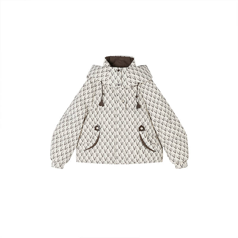 XIANGYING Down Jackets Women's Beige Coffee Stand Collar Moderate Puffer Jacket