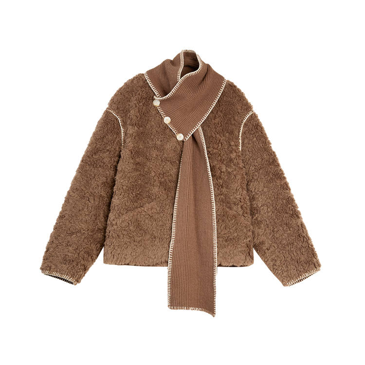 ELLE Cropped Coats Women's Coffee Scarf Collar Moderate