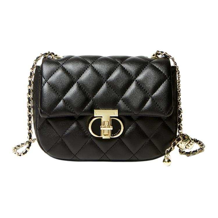 NALANDU Cow Leather One Shoulder Chain Bag, Small Square Bag Small Women's Black/Ecru