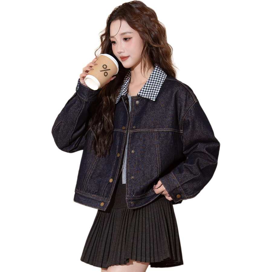 Tonlion Denim Jackets Women's Dark Blue Lapel Moderate Straight Fit