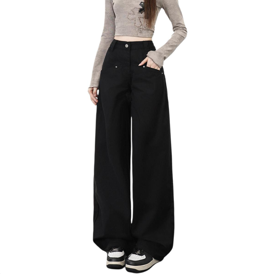 Tonlion Casual Pants Women's Black Moderate Wide Leg Pants