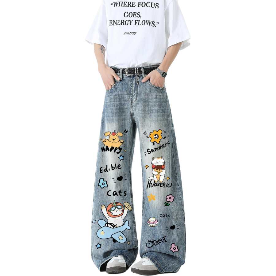 HUANQIU Jeans Unisex Moderate Scimitar Pants