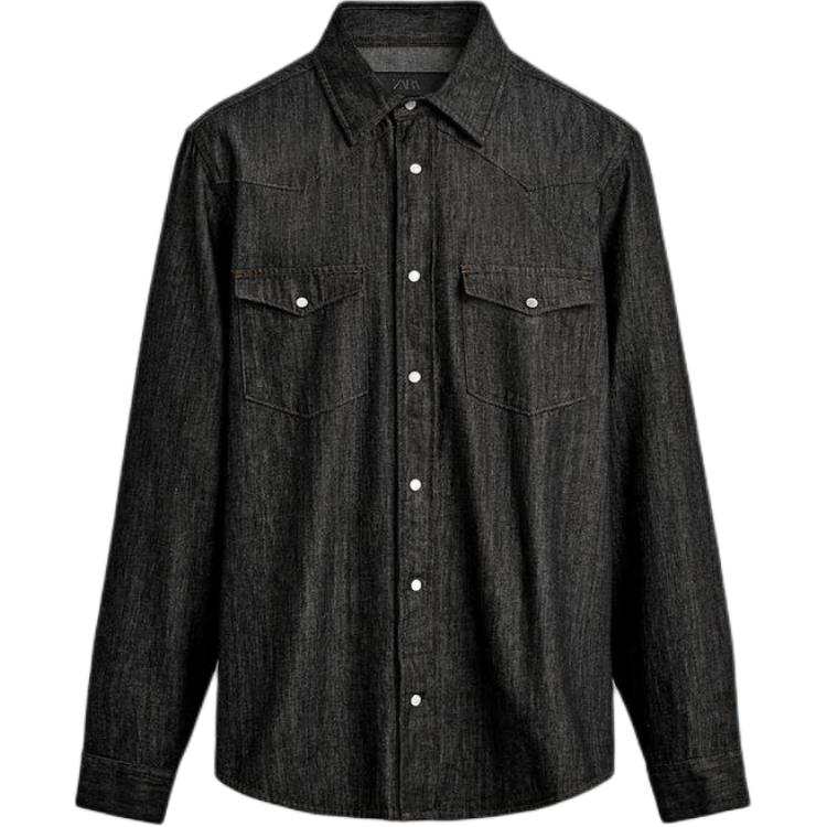 ZARA Shirts Men's Black Lapel Moderate Denim