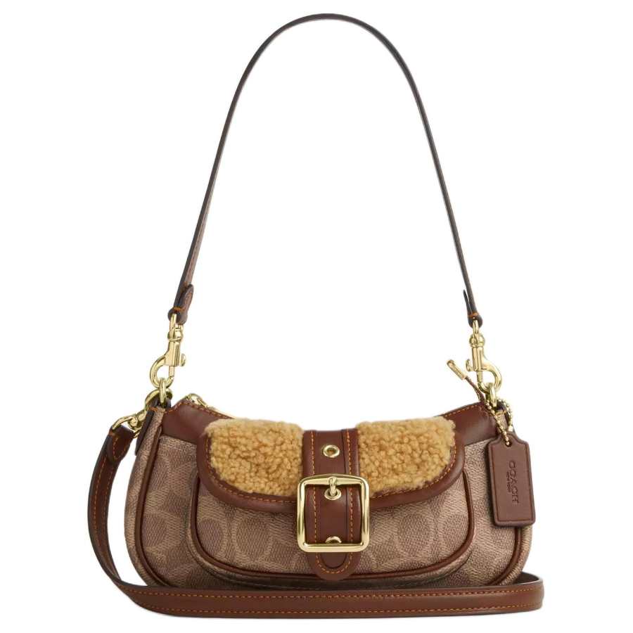 COACH Ashton Coated Fabric With Wool And Smooth Leather Shoulder Bag Mini Women's Orange Brown