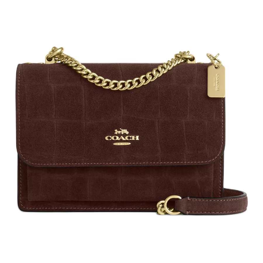 COACH Klare Crocodile Embossed Suede With Leather Shoulder Bag Mini Women's Dark Brown
