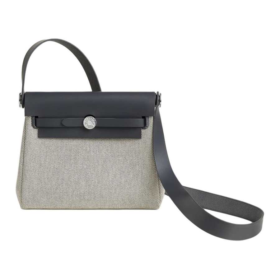 HERMES Herbag Zip Viking Canvas With Hunter Cow Leather Shoulder Bag, Crossbody Bag 20 Unisex Light Beige & Slate Gray
