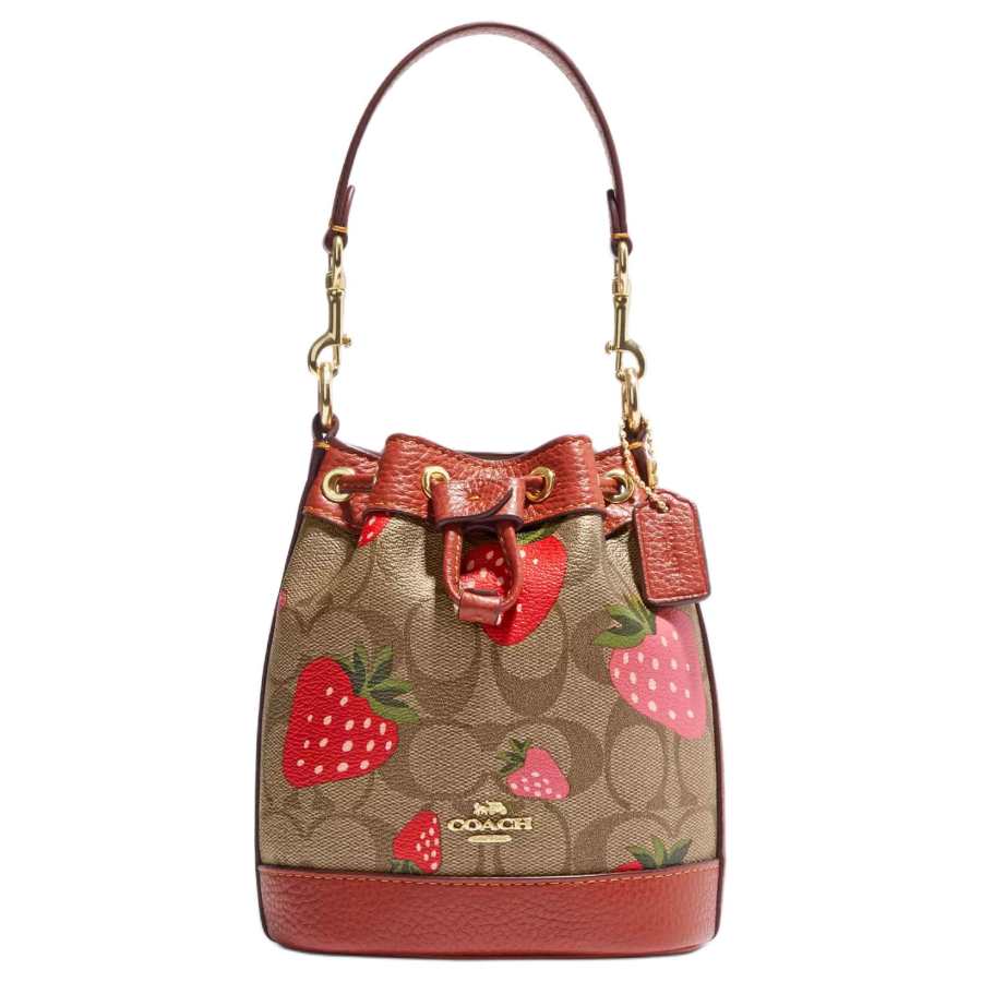 COACH Dempsey Cow Leather Bucket Bag Handbag Medium Women's Red & Brown Monogram