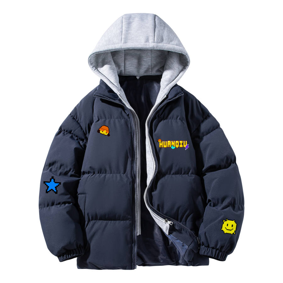 HUANQIU Puffer Jackets Unisex Hooded Thickened Mock Two Piece Puffer Jacket
