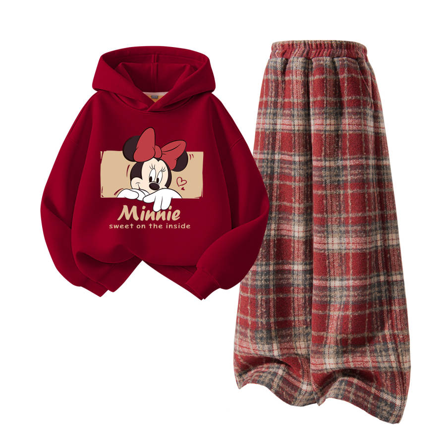 Disney Casual Sportswear Children's Basic Hooded Fleece Lined Plaid Wide Leg Pants For Fall Winter Fashion Kids'