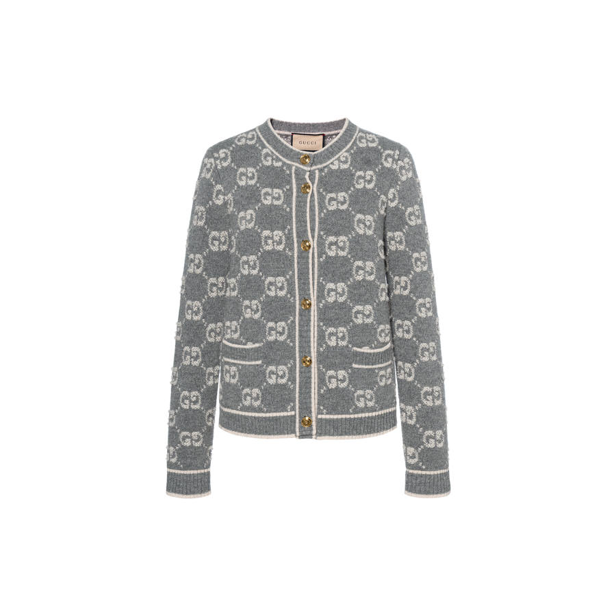 GUCCI Gg Wool Bouclé Jacquard Cardigan 'Grey/Ivory'