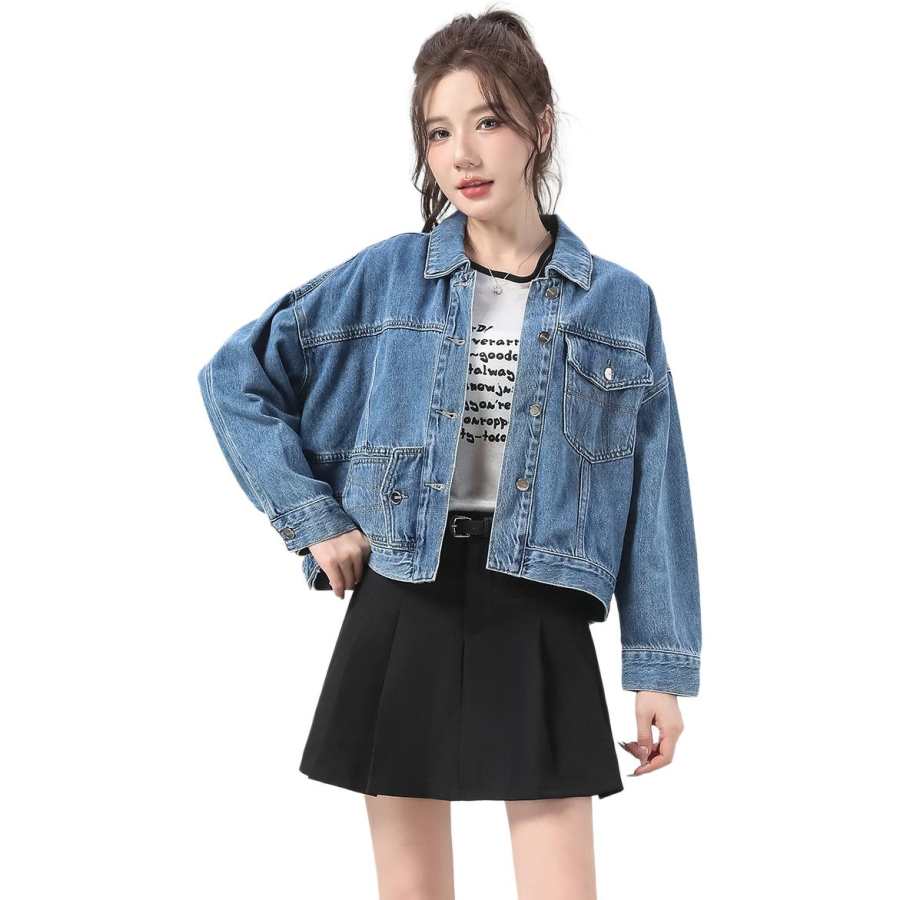 Tonlion Denim Jackets Women's Aqua Blue Lapel Moderate Straight Fit