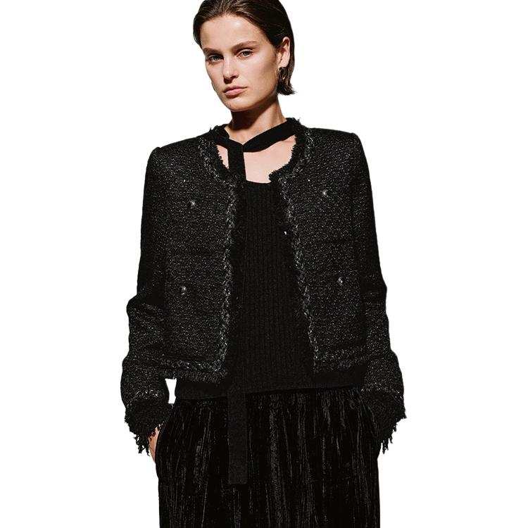 URBAN REVIVO Jackets Women's Black Crew Neck Thickened Chanel Inspired