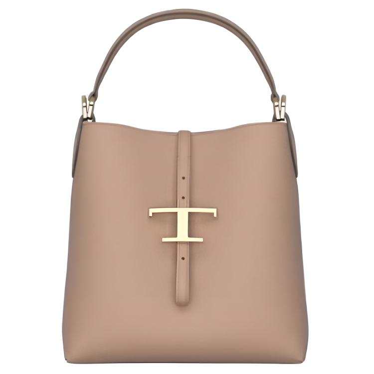 TOD'S T Timeless Letter Print Cow Leather Bucket Bag Handbag Women's Coffee