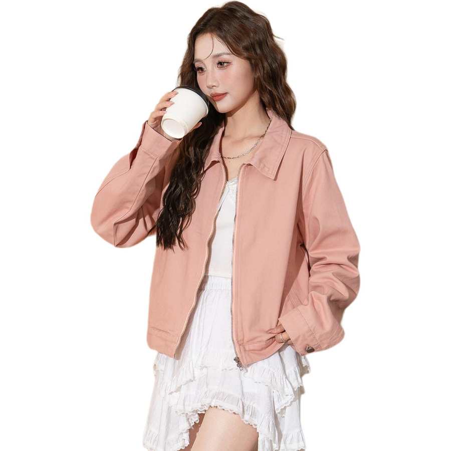 Tonlion Denim Jackets Women's Pink Lapel Moderate Straight Fit