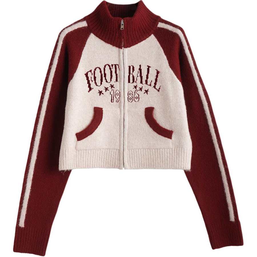 Tonlion Knitwear Women's Red Tone Stand Collar Moderate Cardigan
