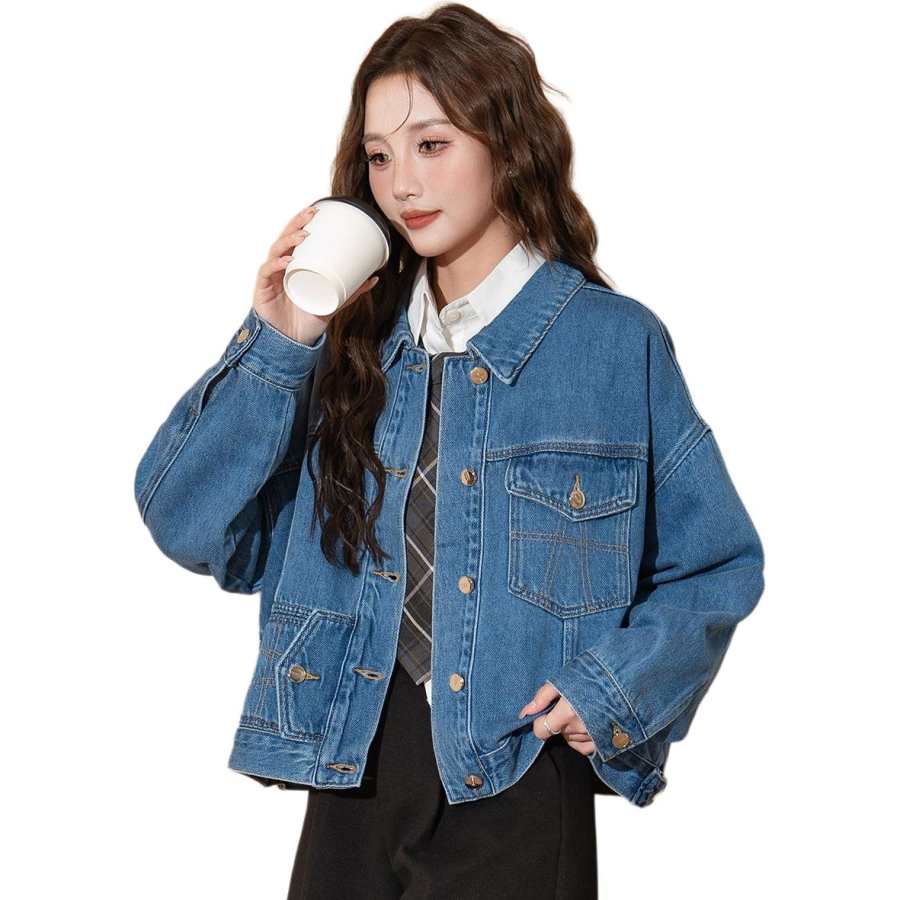Tonlion Denim Jackets Women's Aqua Blue Lapel Moderate Straight Fit