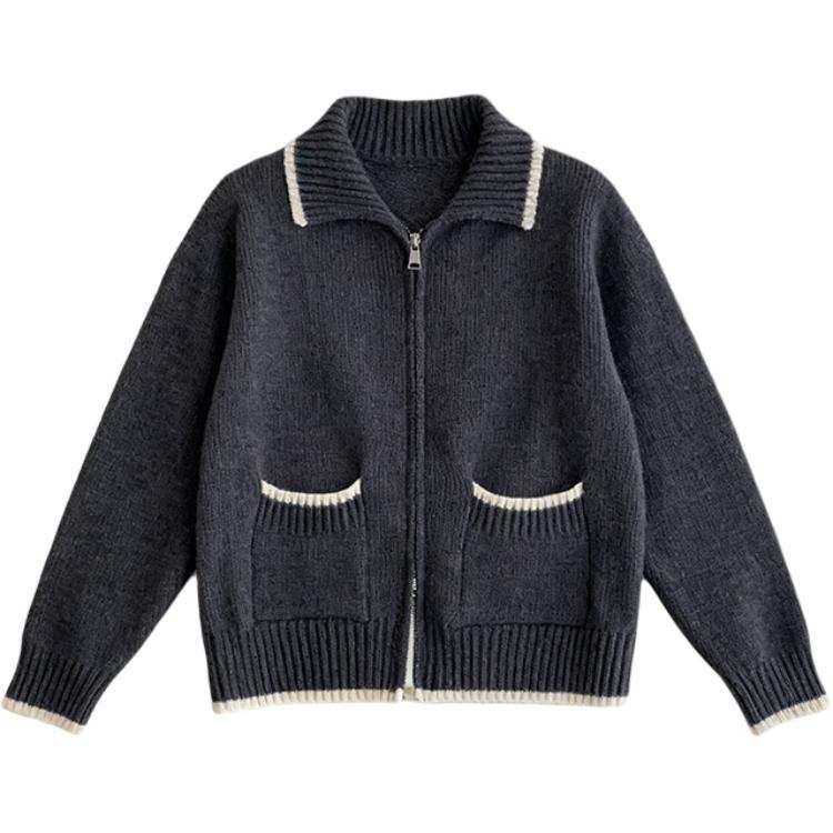Tonlion Knitwear Women's Dark Heather Gray Lapel Moderate Cardigan