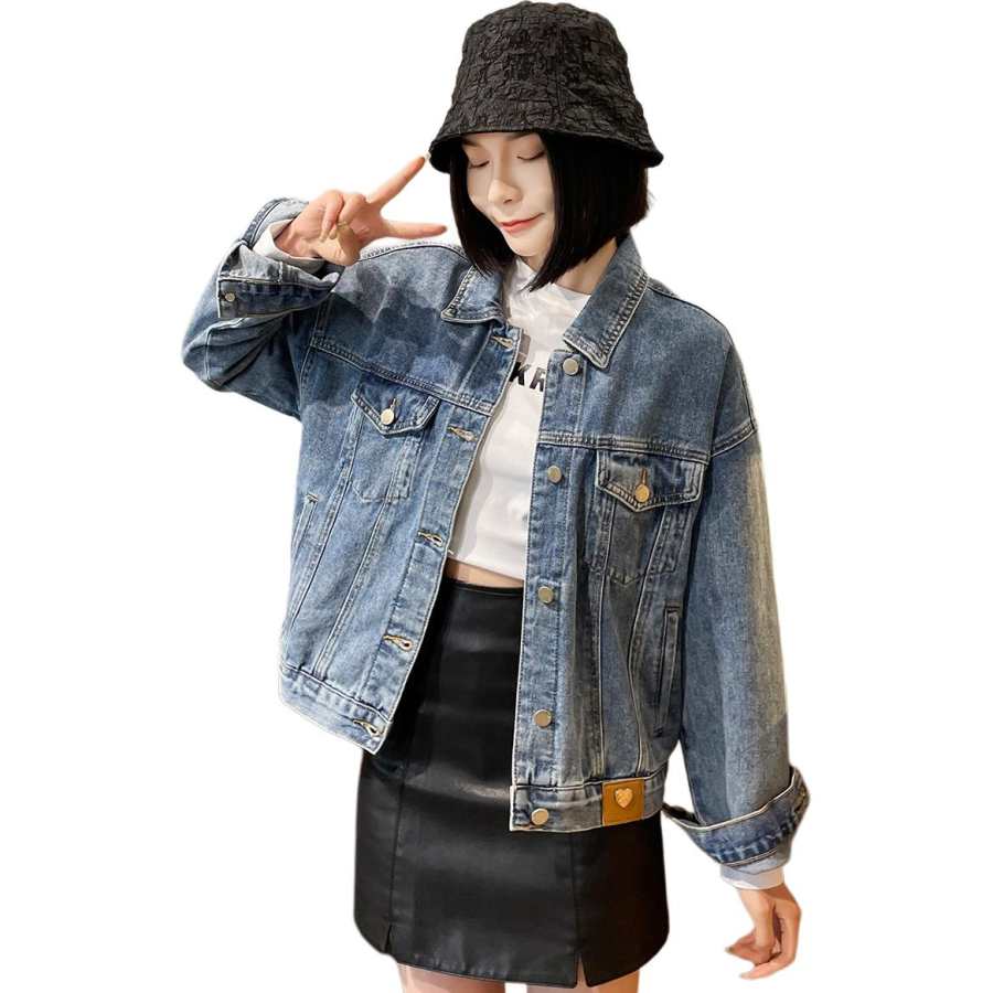 Tonlion Denim Jackets Women's Denim Blue Lapel Moderate Straight Fit