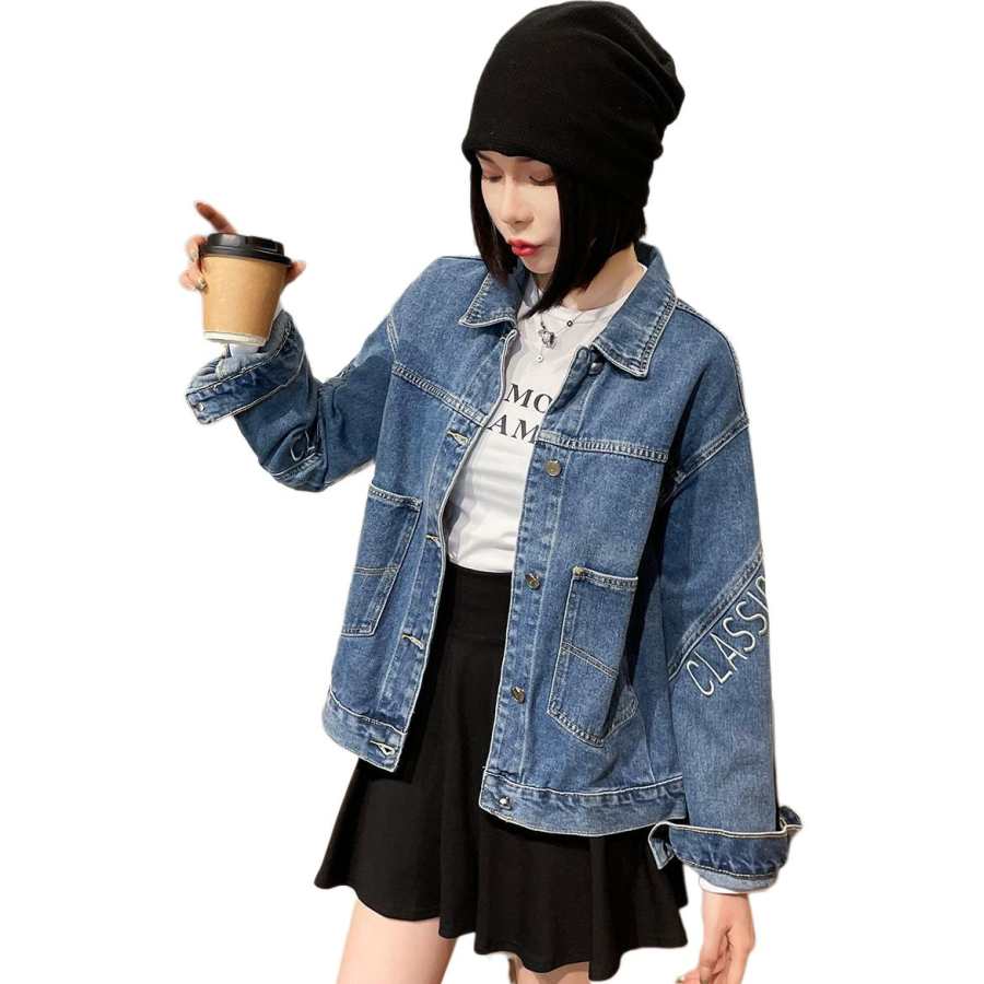 Tonlion Denim Jackets Women's Medium Blue Lapel Moderate Straight Fit