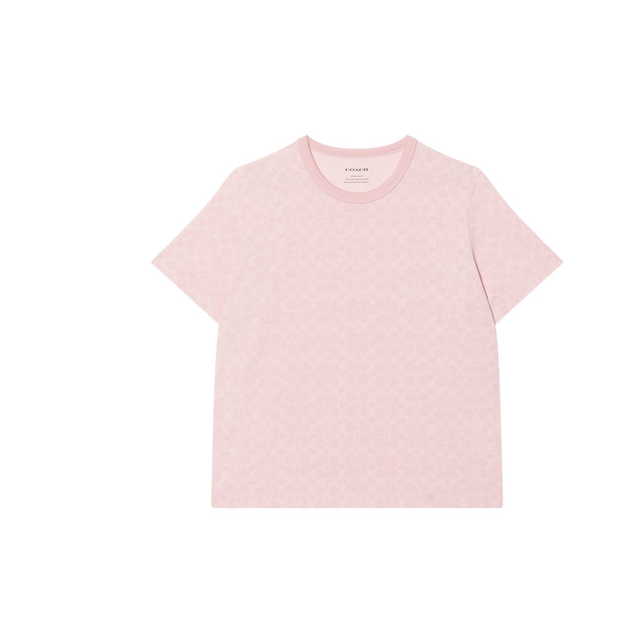 COACH SS25 Solid Color Full Body Signature Crew Neck Cotton Short Sleeved Shirt T Shirt Women's Pink