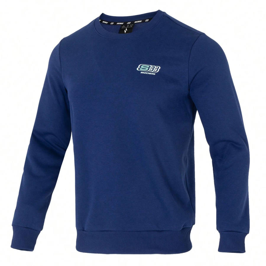 Skechers Fashion Crew Neck Pullover Fleece Lined Long Sleeved Sweatshirt Loose Fit Men's Medieval Blue