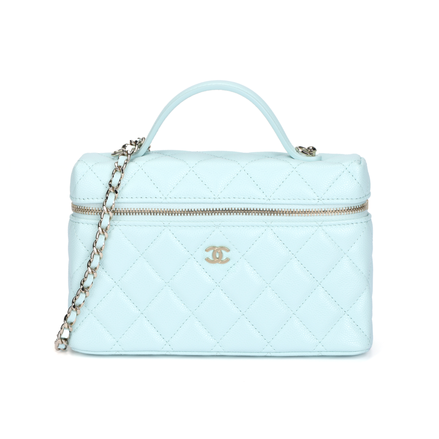 CHANEL Grain Cow Leather Crossbody Handbag Women's Light Blue
