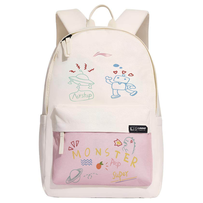Li-Ning Li Ning Polyester Patterned Print Backpack Unisex White & Pink