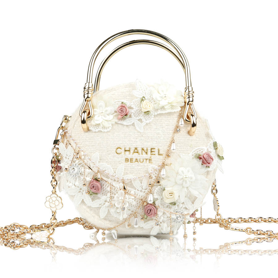 CHANEL Custom Makeup Bag Canvas 97, Gold Garden 2.0 Lace, Floral, Elegant, Embroidery One Shoulder Handbag