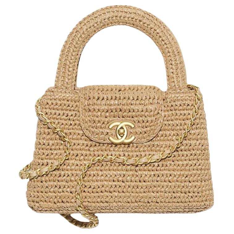 CHANEL Woven Raffia Fiber Shopping Bag Handbag Mini Women's Dark Beige
