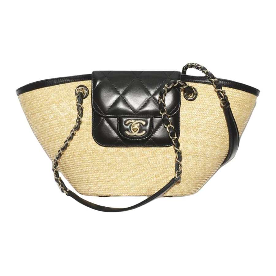 CHANEL 26C Sheepskin Gold Metal Tote Bag, Shopping Bag, Handbag Small Women's Beige Black