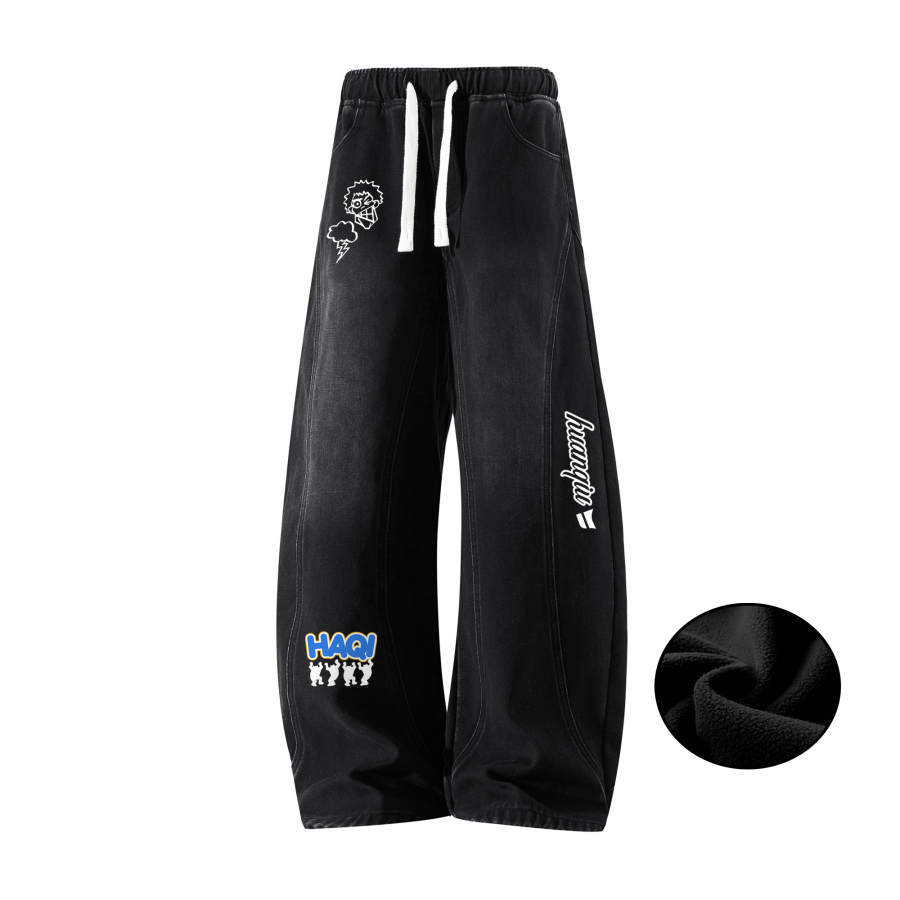 HUANQIU Jeans Unisex Thickened And Fleece Lined Wide Leg Pants