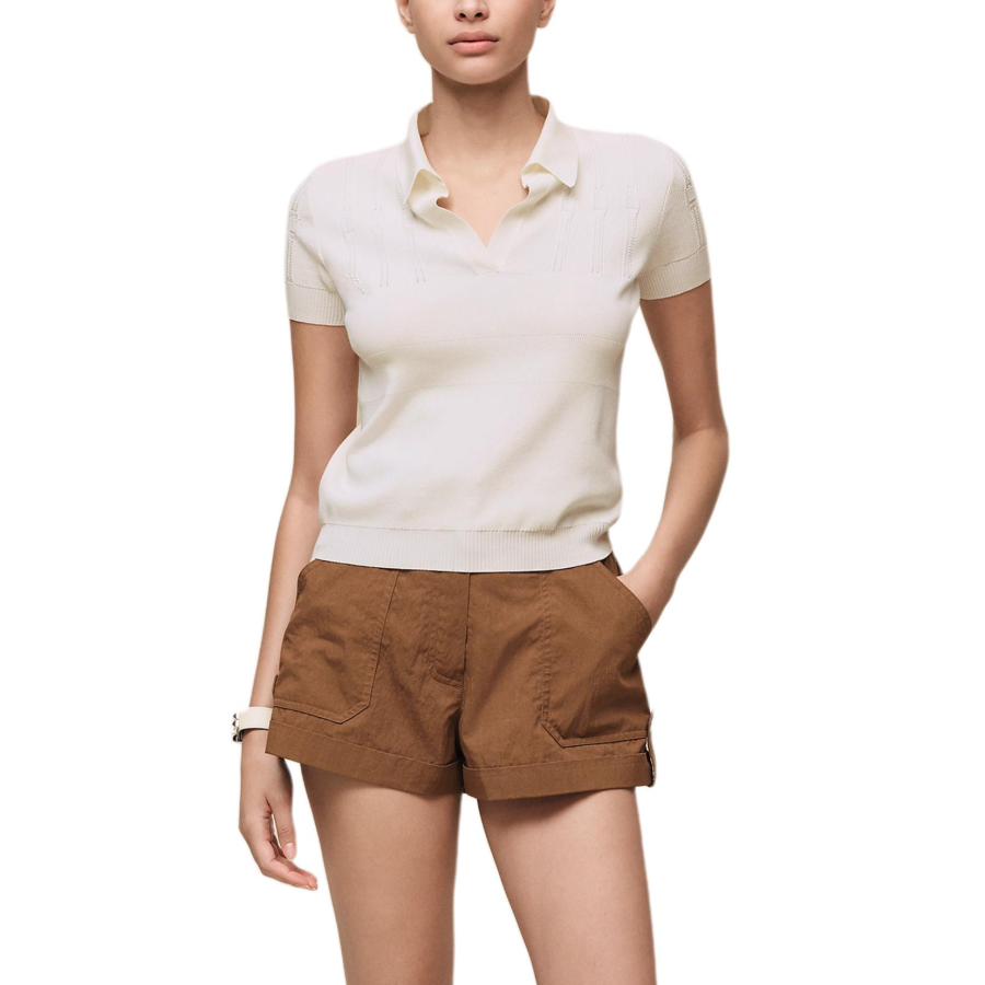 HERMES Polo Shirts Women's Natural White V Neck Moderate