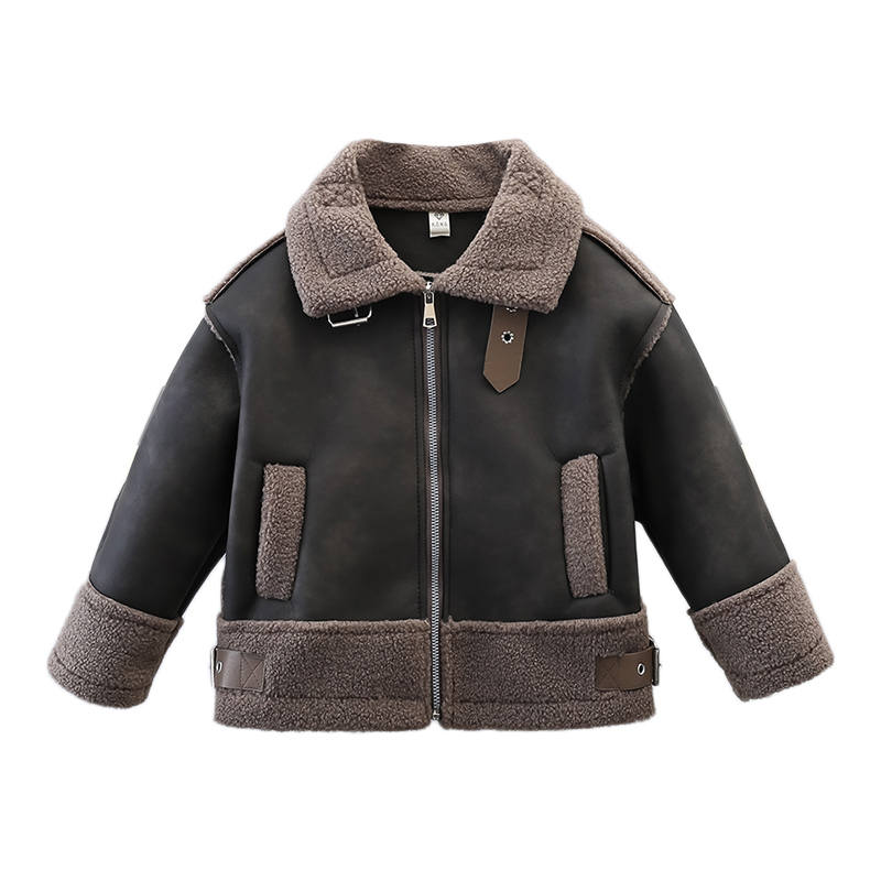 Lanza Casual Jacket Winter Fleece Lined Thermal Lapel Leather Jacket Coat Gray Green Children Aged 3 7 Years Old