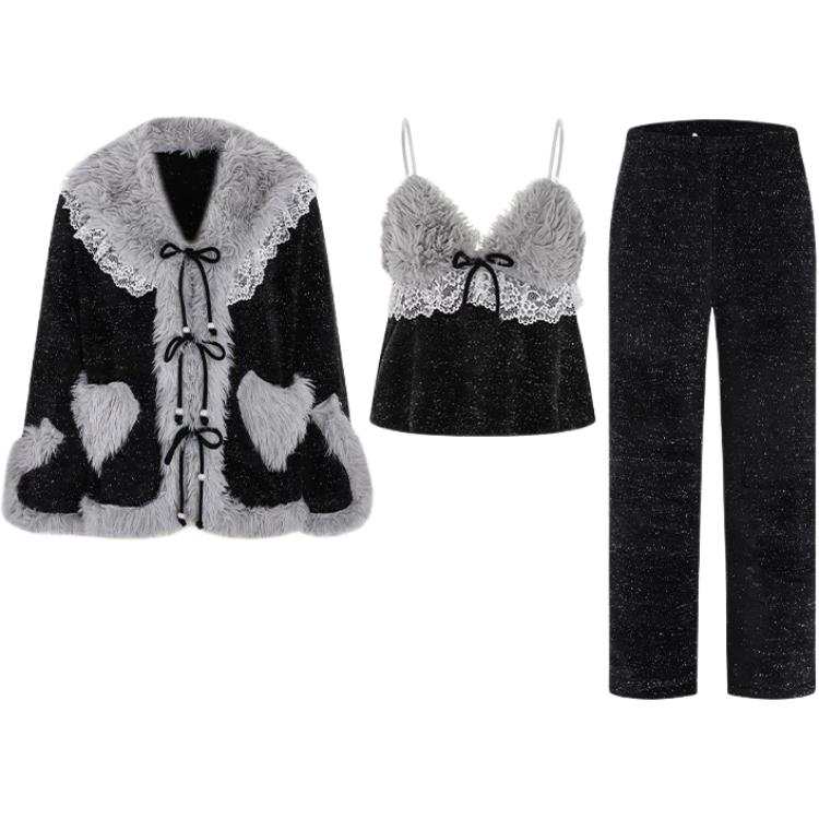 MIIOW Premium Aesthetic Polka Dot Long Sleeved Lapel Loose Fit Affordable Luxury Style Fleece Lined Pants Pajama Set