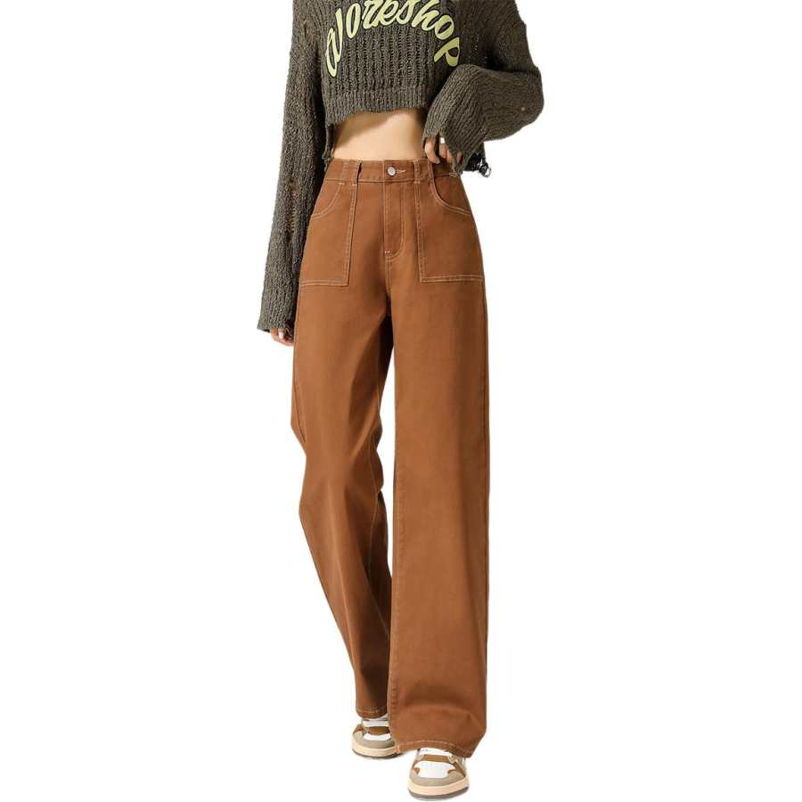 Tonlion Casual Pants Women's Brown Moderate Straight Fit Pants