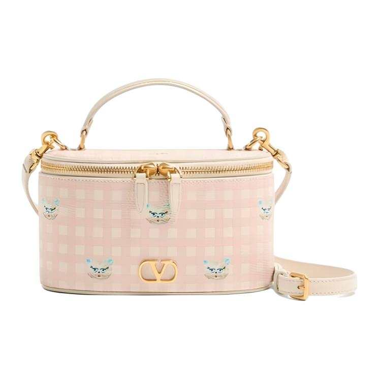 Valentino VLogo Signature Grained Calfskin Handbag Mini Women's Ivory White & Pink Red