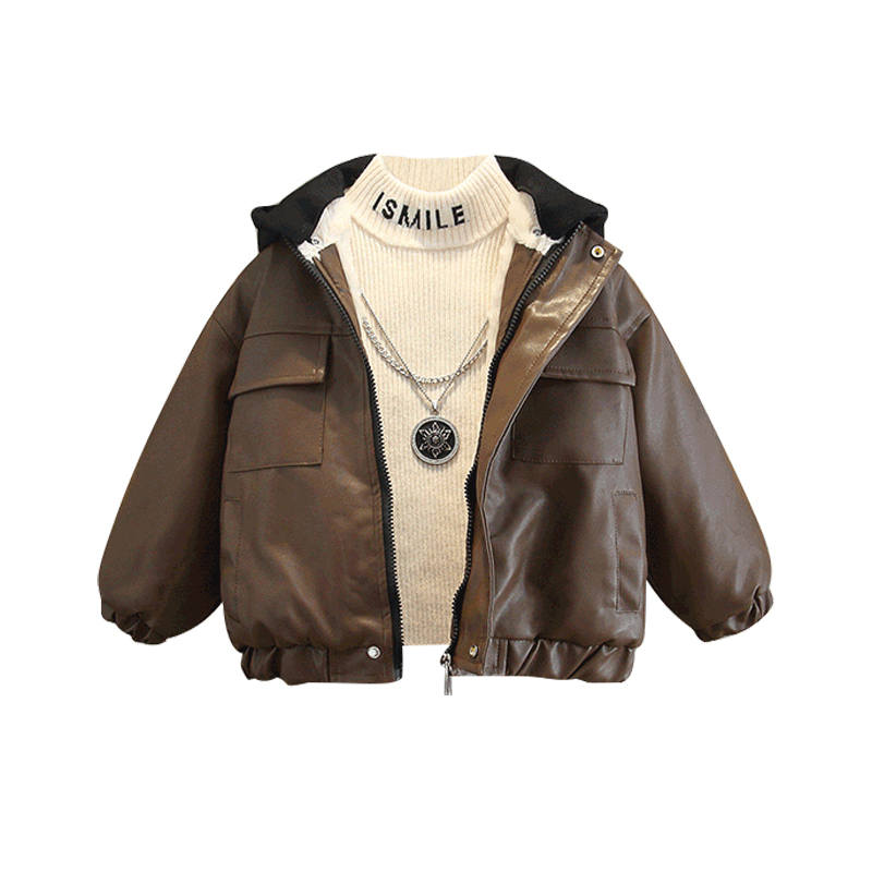 Lanza Casual Jacket Winter Fleece Lined Cool Individual Hooded Leather Jacket Coat Teenagers