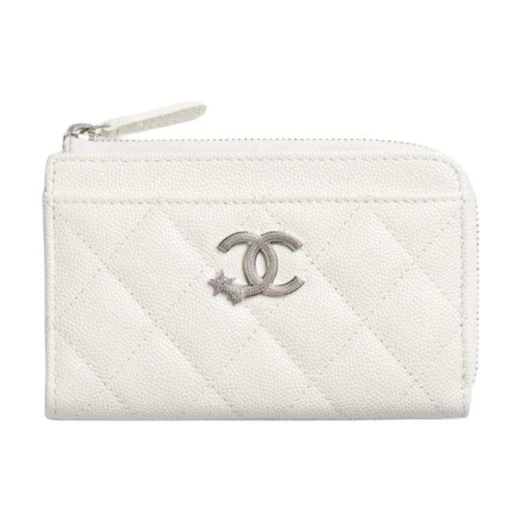 CHANEL Shiny Grain Embossed Calfskin With Rhinestone Card Holder Women's White