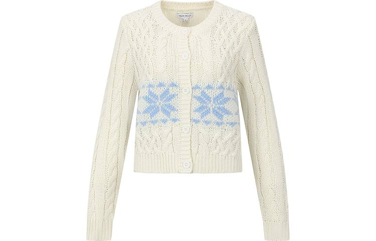 URBAN REVIVO Knitwear Women's Ecru Crew Neck Moderate Cardigan