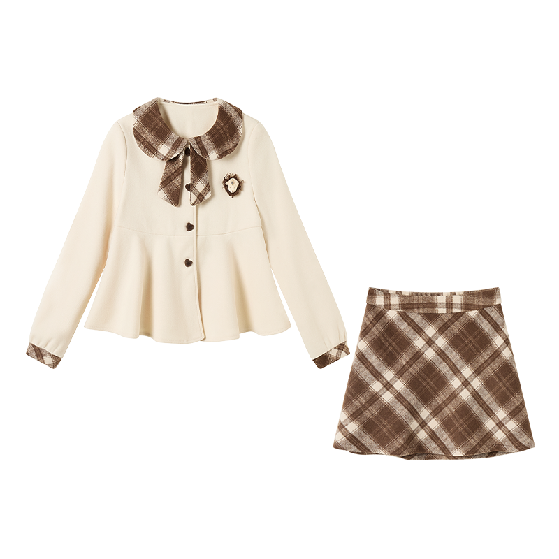 FABRIC PIG Two Piece Skirt Sets Women's Apricot Coat+Short Skirt+Brooch Peter Pan Collar Moderate Short
