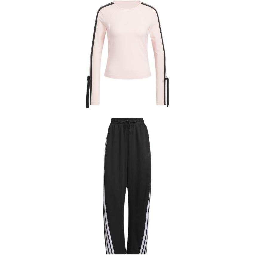 Adidas Adidas Casual Suits Women's Clothing Set Pink Top+Black Bottom Crew Neck Moderate