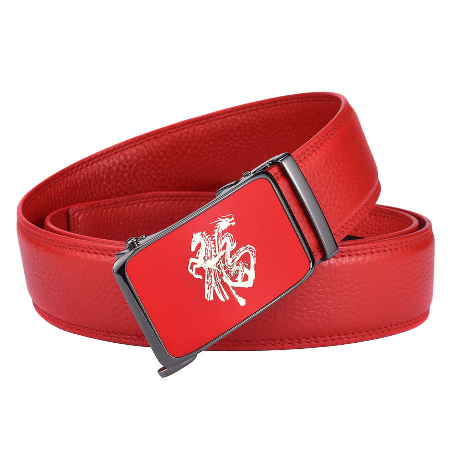 SEPTWOLVES Trendy Red Youth Cow Leather Belt Men's 3.5cm