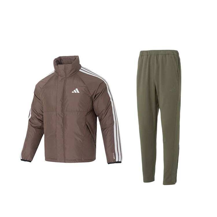 Adidas Adidas Casual Sportswear Men's Set Brown Top+Olive Green Bottom Stand Collar Moderate