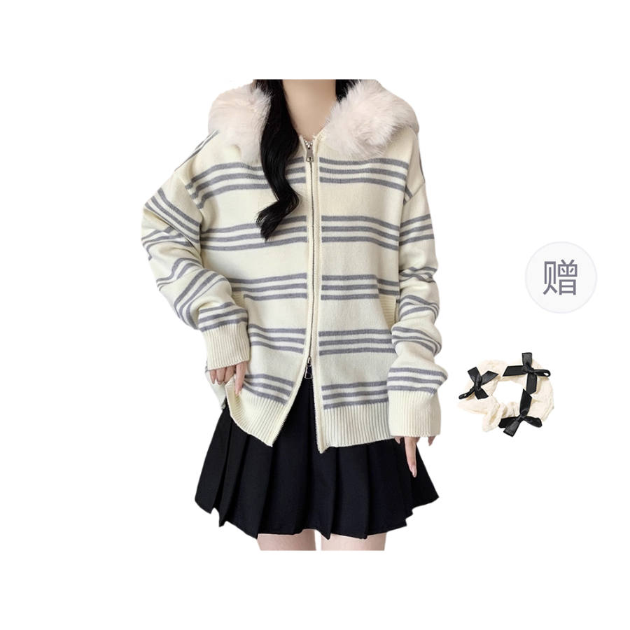 CPAURA Knitwear Women's Image Color+Hair Tie Included Hooded Moderate Cardigan