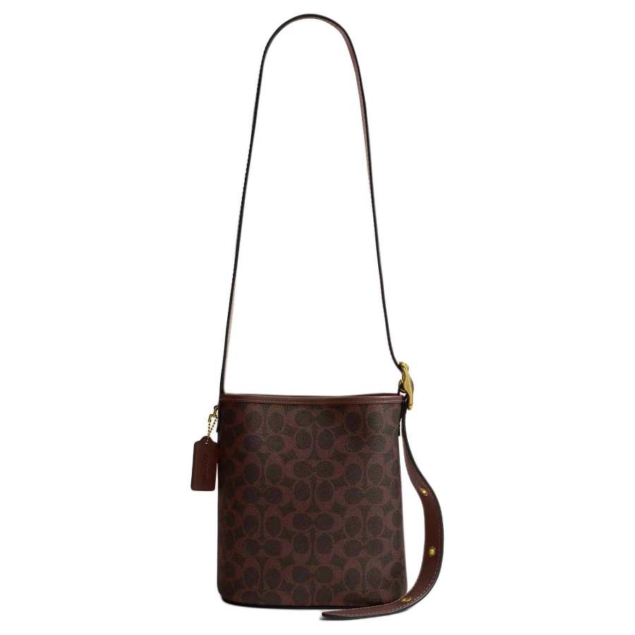COACH Bleecker Signature Coated Canvas With Natural Grain Leather Bucket Bag, Shoulder Bag, Crossbody Bag Small Women's
