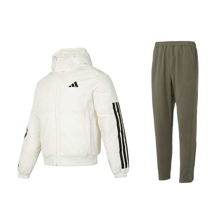 Adidas Adidas Casual Sportswear Men's Set White Top+Olive Green Bottom Hooded Moderate