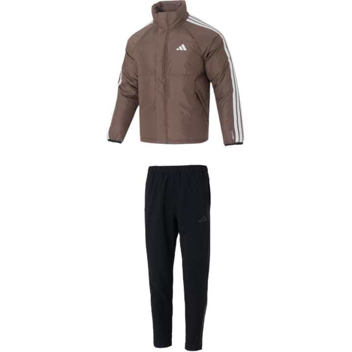 Adidas Adidas Casual Sportswear Men's Set Brown Top + Black Bottom Stand Collar Moderate